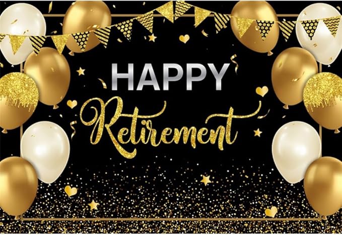 12x8ft Happy Retirement Backdrop for Photography Glitter Black Gold Retirement Party Decorations Banner Background Gold Sequins Balloons Men Women Celebrate Retirement Party Supplies Props