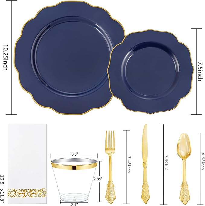 NOCCUR 175PCS Blue Plastic Plates with Disposable Silverware - Include 50 Blue Disposable Plates with Gold Rim,75 Gold Cutlery,25 Cups,25Napkins for Party/Wedding