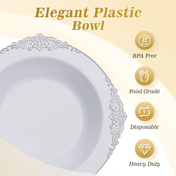 100 Pack White Plastic Bowls with Silver Relief Rim, 12oz Plastic Salad Bowl, Disposable Bowls for Party, Dinners, Weddings, Christmas, Thanksgiving, Valentine's Day