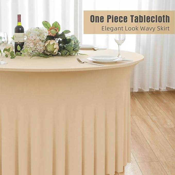 8 Pack Champange Spandex Round Tablecloths for 60 inch Tables,120inch Fitted 5FT Stretchy Round Table Cloth,Wrinkle Free Spandex Table Cover with Ruffle Skirtfor Wedding Party Dining Banquet