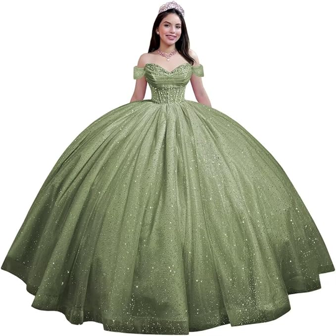 Youjiayi Glitter Tulle Quinceanera Dresses with Train Off Shoulder Beaded Sweet 16 Dresses Pleated Long Ball Gown for Women