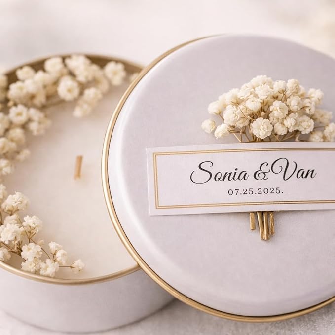 Personalized Scented Soy Wax Candle Favors with Dried Flowers, White Tin Guest Gifts for Weddings, Bridal & Baby Showers, Bulk Sets (10–200 Count)