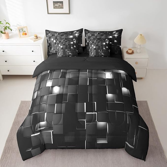 Feelyou Grey and Black Bedding Set Twin Size Kids Light Geometric Comforter Set with Sheets 7 PieceBed in a Bag forModern Bed Set with Comforter,Sheets,Pillowcases,Cushion Covers