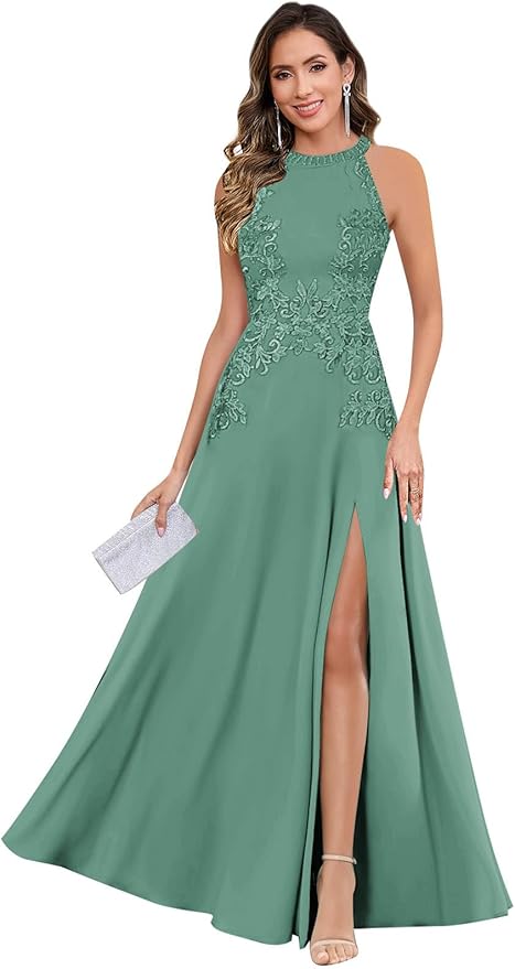 GUKARLEED Halter Lace Appliques Mother of The Bride Dresses for Women Long A-line Formal Wedding Guest Dress with Slit