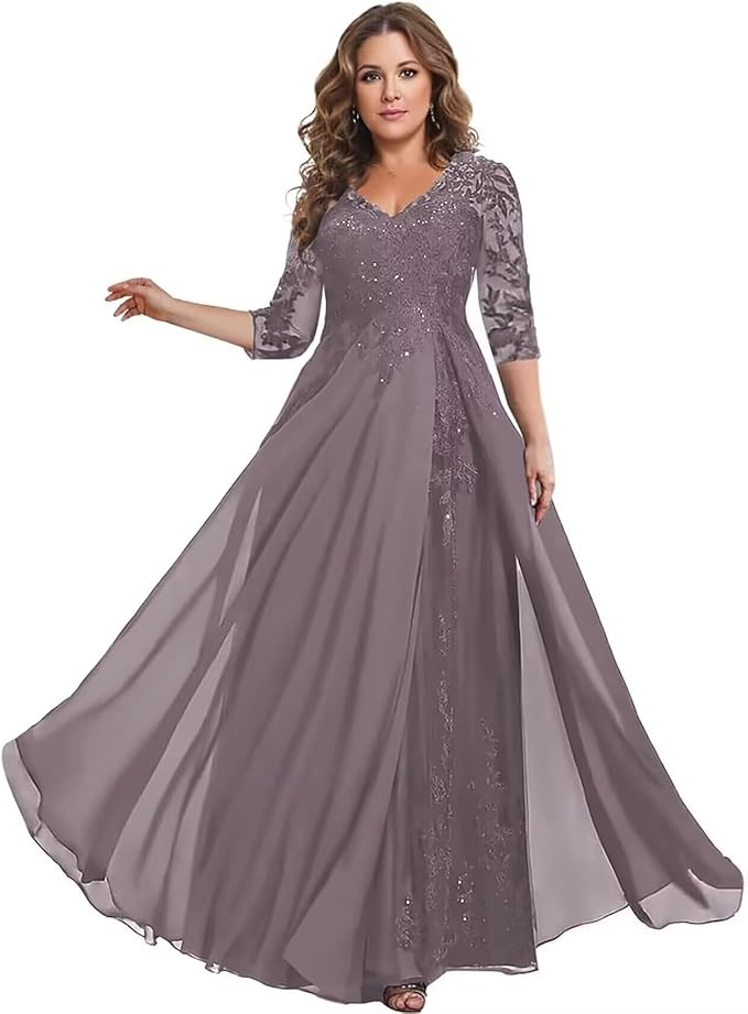 Long Sleeve Mother of The Bride Dress for Wedding Chiffon Lace Applique Formal Gowns BOF163