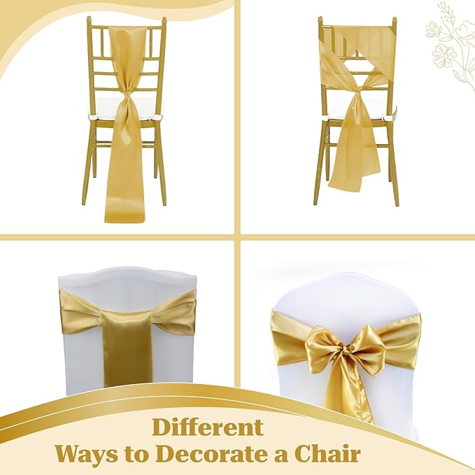 VDS Satin Chair Sashes Chair Cover Back Tie Sateen Bows Ribbon for Wedding Birthday Graduation Engagement Ceremony Event Party Banquet Venue Hotel All Dining Chair Decoration (50PC) (Gold)