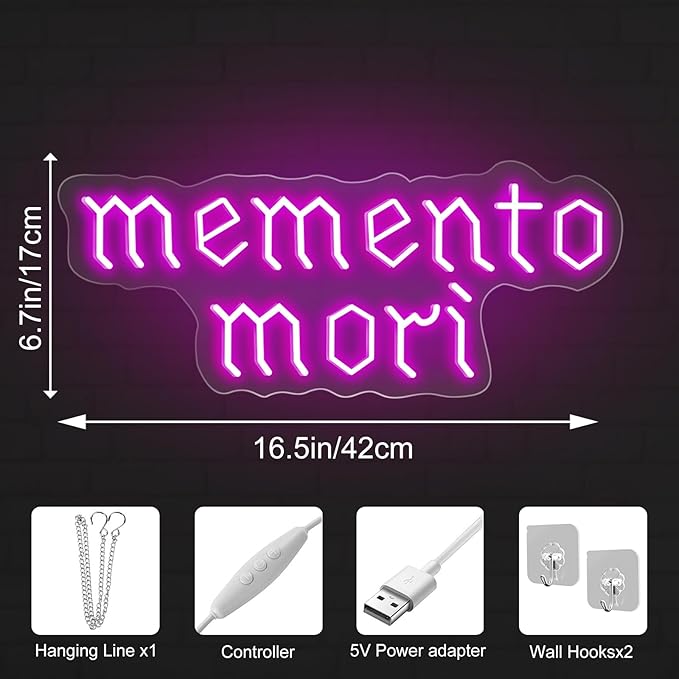 Memento Mori Neon Sign, Purple Stoic Wall Art, Gothic LED Light, Creepy Halloween Decor, Gothic Decoration, Satanic Witch Decor, 16.5"x6.7"