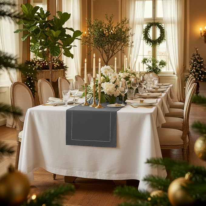 D'Moksha Homes Linen Charcoal Grey Table Runner 108 Inches Long - 100% Pure Linen 14 x 108 Inch Table Runner for Spring, Easter - Classic Hemstitch