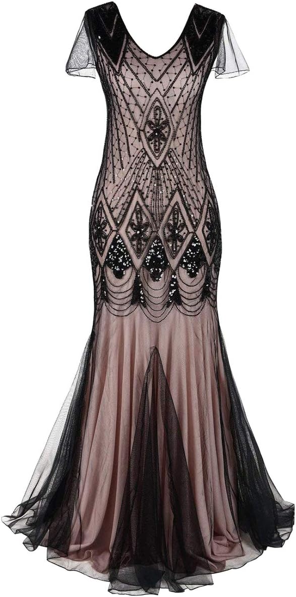 Women Vintage 1920s Gatsby Flapper Evening Party Dress V Neck Art Deco Sequins Mermaid Hem Cocktail Formal Long Maxi Gown