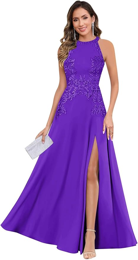 GUKARLEED Halter Lace Appliques Mother of The Bride Dresses for Women Long A-line Formal Wedding Guest Dress with Slit