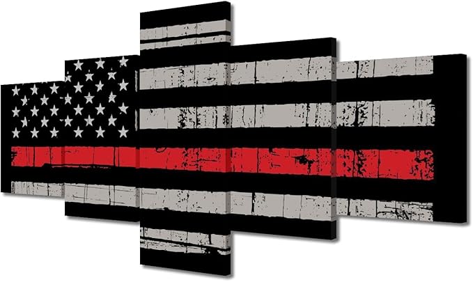 5 Panels American Flag Wall Art Pictures for Home Decor Black White and Red US Flag Painting on Canvas Poster Print Artwork Modern Framed Living Room Decorative Framed Ready to Hang 50" Wx24 H