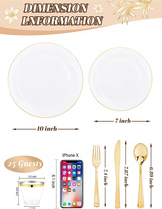 WDF 150Pcs White and Gold Plastic Plates - Gold Plates Disposable - 25guest Disposable Dinnerware Include 25 Dinner Plate, 25 Dessert Plate, 25 Cutlery & 25 9oz Cups for Wedding Party Valentine's Day