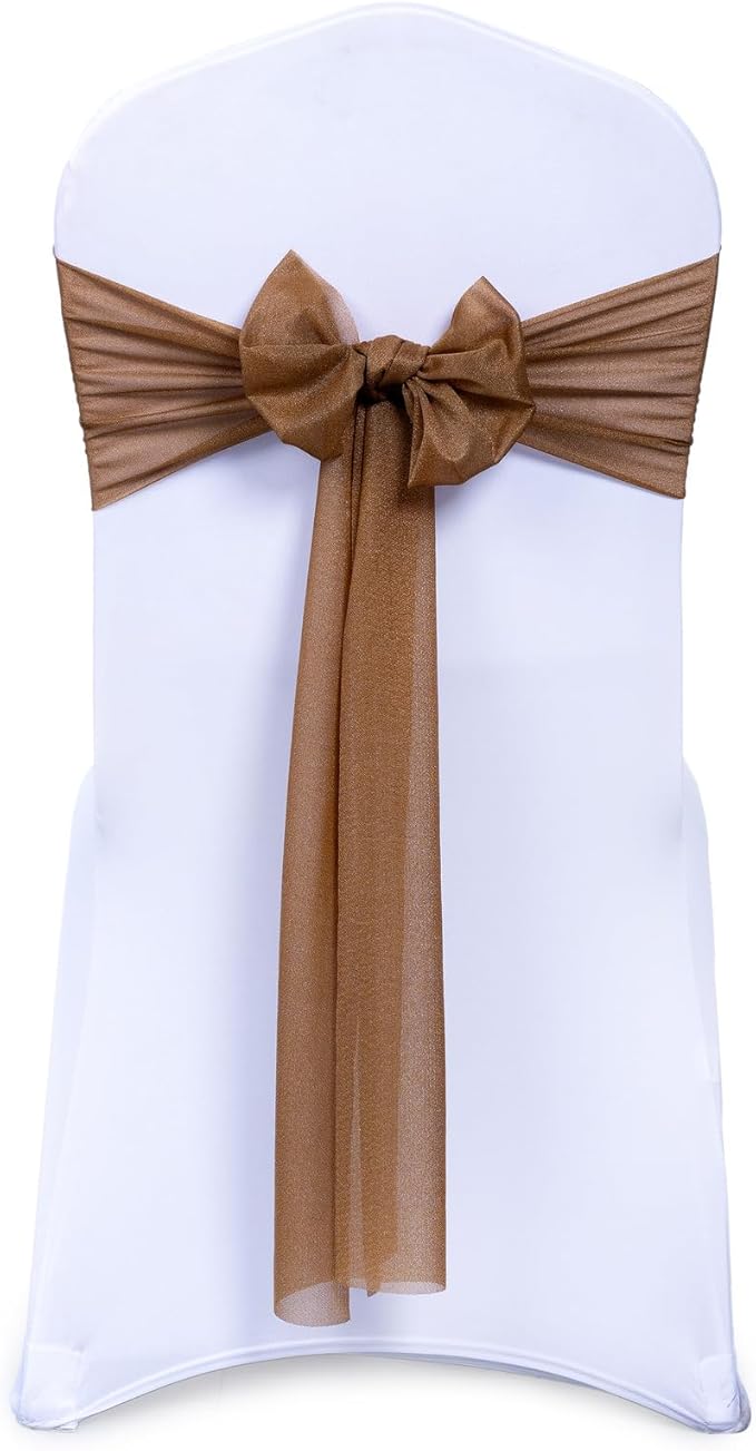 VDS Pack of 300, Mocha, Sheer Chiffon Chair Sashes Bows Chair Cover Back Tie Ribbon for Wedding Birthday Baby Shower Engagement Ceremony Event Party Banquet Restaurant Dining Chair Decoration