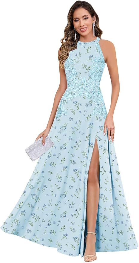 GUKARLEED Halter Lace Appliques Mother of The Bride Dresses for Women Long A-line Formal Wedding Guest Dress with Slit
