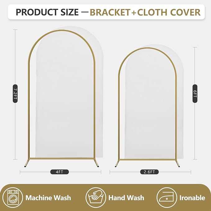 Arch Backdrop Stand and Cover Set, 2 Metal Balloon Arch Backdrop 7.2ft 6ft, Gold Arched Stand Frame for Wedding, Parties,Birthday,Decorations (White,7.2ft+6ft)