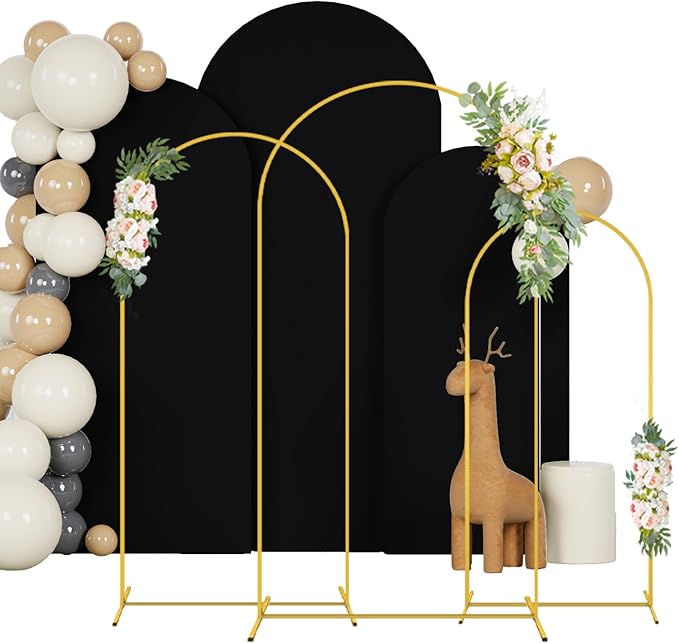 6FT 6.6FT 7.2FT Metal Arch Stand and Cover Set of 3 Black Arch Stand Cover Round Top Arch Backdrop Stand with Spandex Arched Cover Stretchy for Birthday Party Ceremony Graduation Decor