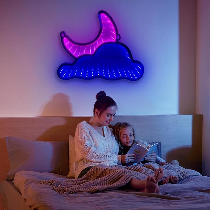Infinity Mirror LED Neon Sign Wall Decor – Cloud & Moon 3D Light for Bedroom, Game Room, Living Room, USB Powered Aesthetic Night Lamp, Blue Pink Ambient Neon Wall Art, Layered Acrylic PET Design 12"x9"