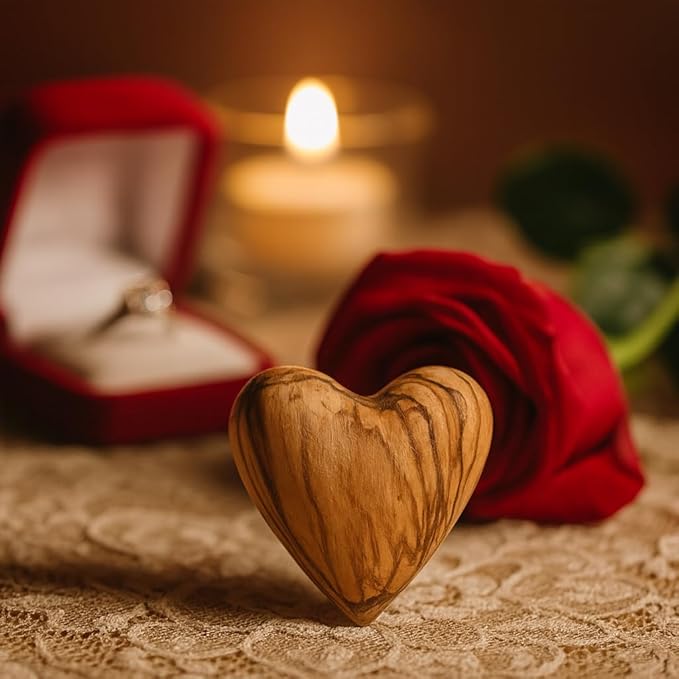 Zuluf Set of 10 Olive Wood Hearts 1.7 x 1.5 Bulk Pack Hand Carved Wooden Hearts Wedding Favors Party Pack Valentine Bowl Filler Rustic Home Decorations Handmade in Bethlehem w/Certificate
