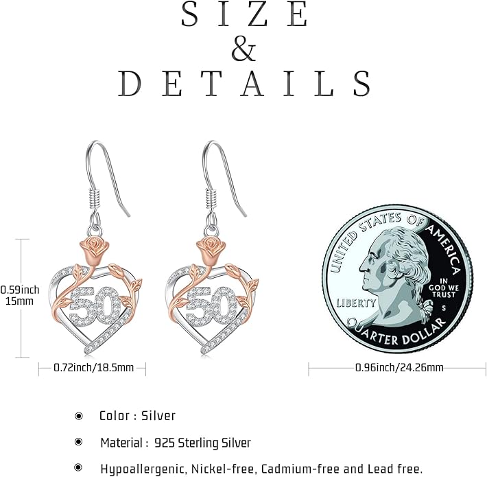 15th/ 16th/ 18th/ 50th/ 60th/ 80th Birthday Gifts for Women Daughter 925 Sterling Silver Love Heart Rose Flower Drop & Dangle Earrings Birthday Mothers Day Christmas Anniversary Graduation Jewelry
