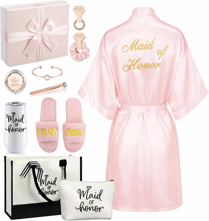 Berlune 14 Pcs Bride Gifts Box Sets Include Short Satin Robes Canvas Tote Bag Stainless Steel Glasses Slippers Wedding Gifts