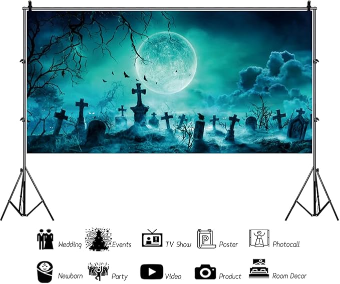 AOFOTO 12x6ft Halloween Backdrop Photography Horror Full Moon Night Scary Tombstone Graveyard Wooden Branches Backdrop for Kids Adult Family Party Birthday Banner Decor Halloween Photo Booth Prop
