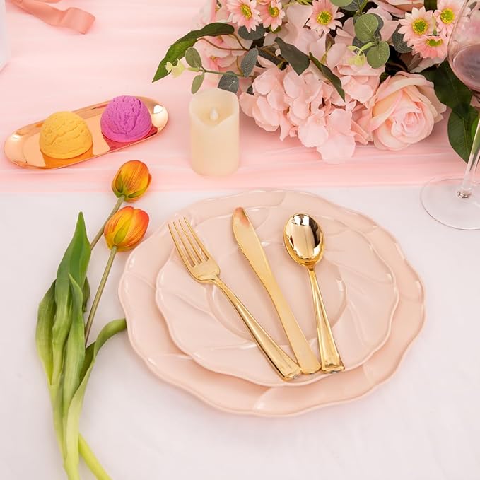 Morejoy Pink Plastic Plates 60PCS for Party, Disposable Plates, Includes 30PCS Dinner Plates, 30PCS Dessert Plates, Perfect for Wedding, Shower, Valentine's Day