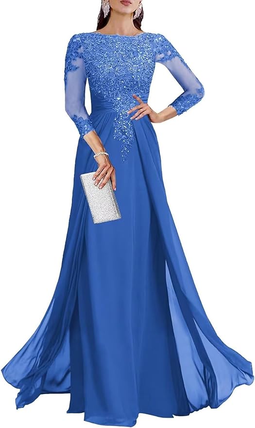 Long Sleeve Mother of The Bride Dresses for Wedding Lace Appliques Chiffon Formal Dress He6052