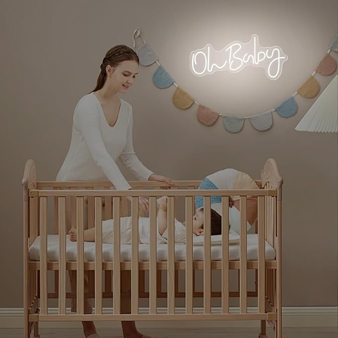 Oh Baby Neon Sign for Backdrop Wall Decor, Baby Shower LED Neon Light for Wall Decor, 19.6×8.6 Inch Large Size, USB Powered for Party Decorations & Night Lighting, Birthday Wedding Bar (White)