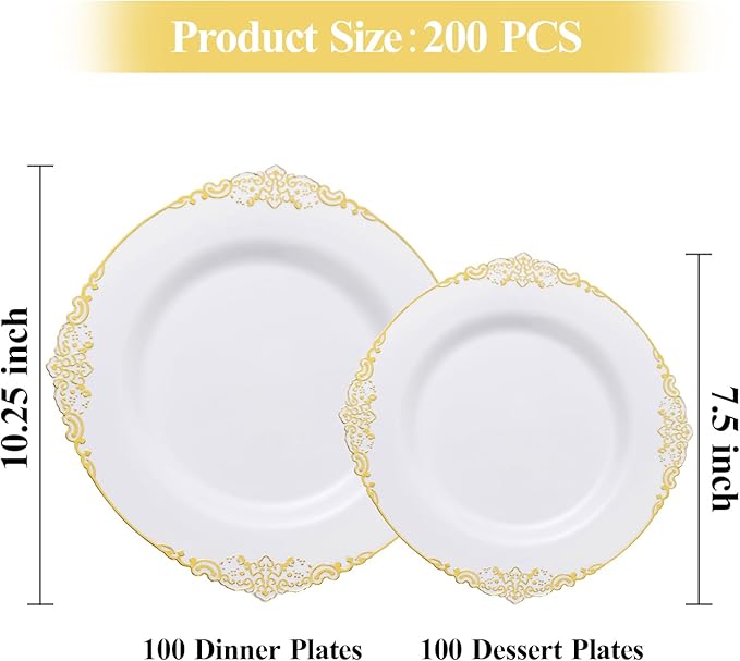 200 PCS White and Gold Plastic Plates for 100 Guests, Gold Disposable Plates Include 100 PCS Dinner Plates, 100 PCS Dessert Plates for Party, Wedding and Graduation