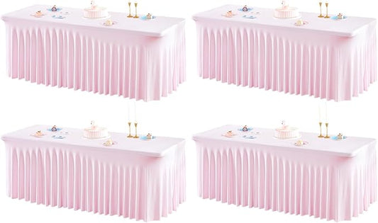 4 Packs Pink Table Clothes for 6 Foot Rectangle Tables, One-Piece Wrinkle Resistant Stretch Spandex Table Covers with Skirt for Event Banquet Wedding Birthday Party