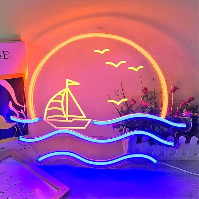Sunset Neon Sign for Bedroom, Sunrise & Sunset at Sea Neon Light Sign for Wall Decor, 5V Sailboat Neon Sign for Living Room Bar Office, Housewarming Gift, 17x13 IN by JXIN