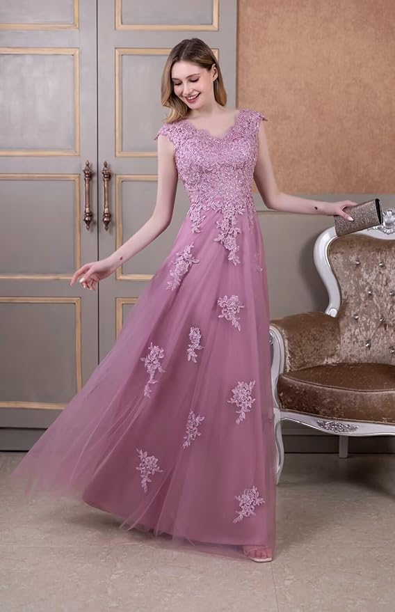 Mother of The Bride Dresses Cap Sleeve V-Neck Long Tulle Formal Evening Gowns for Women with Pockets