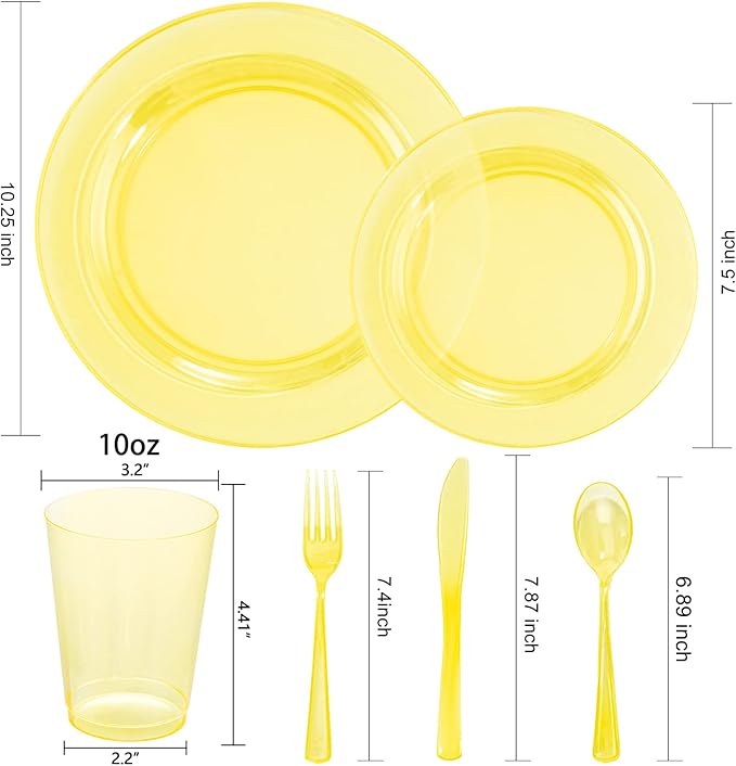 WDF 25 Guest Yellow Plastic Plates -50 Neon Clear Yellow Plates 25Forks, 25Knives,25 Spoons,25Cups for Summer