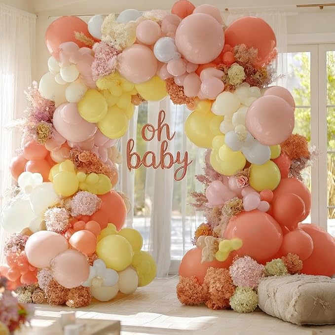 Pink Yellow Peach Balloons with Hydrangea Artificial Flowers, Double Stuffed Pastel Pink Coral White Ivory Balloon Arch for Baby Shower Birthday Wedding Bridal Shower Wildflower Party Decorations