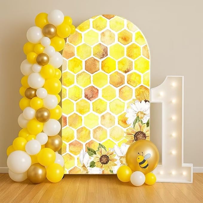 Happy Bee Days Celebration Watercolor Arch Backdrop Stand Covers Sweet Bees Yellow Party Decorations 3.3x6.5ft Arches Backdrop Fabric Cover Supplies Kids Baby Shower Decors