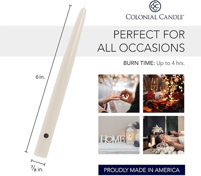 Colonial Candle Unscented Taper Candle, Handipt Collection, Ivory, 6 in, Pack of 12 - Up to 4 Hours Burn