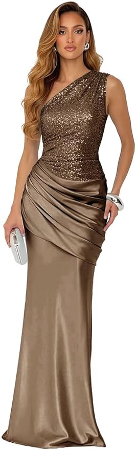 Sparkly Sequins Mermaid Prom Dress 2026 for Women Long Satin One Shoulder Asymmetrical Pleated Formal Evening Gown