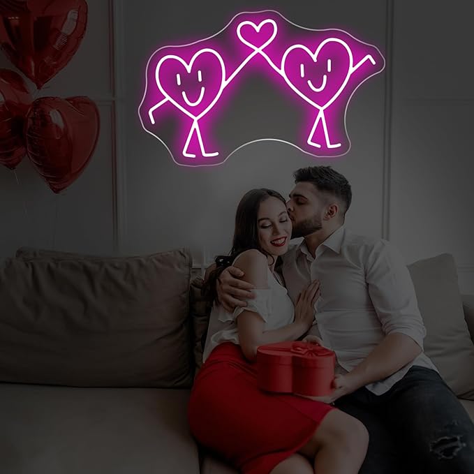 Cute Twin Heart Neon Sign - 5-Level Dimmable USB Pink Neon Signs & Valentine's Day Decor, Ideal for Weddings, Parties, Shop Walls, Teen Girl Bedroom Wall Art