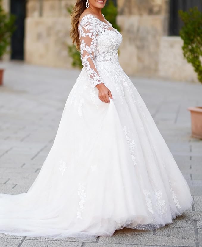 Plus Size Wedding Dresses for Bride Long Sleeve Wedding Bridal Gowns with Lace Appliques Off Shoulder Bride Dress