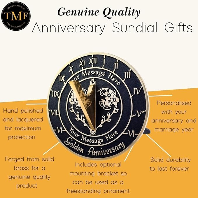 The Metal Foundry Personalized Golden 50th Large Sundial - Recycled Brass Home Decor Or Garden Present Idea Made in The UK for Parents, Grandparents, Friends, Couples 50 Yr Marriage