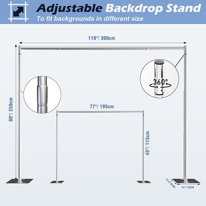 Heavy Duty Backdrop Stand, 8x10ft Pipe and Drape Backdrop Stand Kit with Adjustable Telescopic Poles Frame and Metal Base, Background Holder for Parties Wedding Birthday Photography
