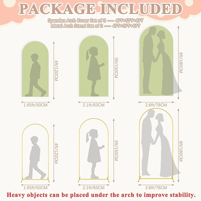 6FT 5FT 4FT Metal Arch Stand and Cover Set of 3 Balloon Wedding Arch Backdrop Stand with Sage Green Arch Cover Spandex Arched Backdrop Frame for Birthday Party Baby Shower Garden Arbor Decor