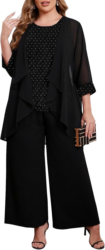 ZOMVA Plus Size 3 Piece Formal Pantsuit Sparkly Chiffon Jacket Set Dressy Outfit Mother of The Bride Groom Wedding Cocktail
