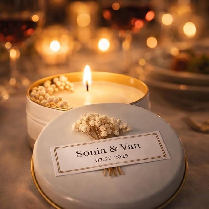 Personalized Scented Soy Wax Candle Favors with Dried Flowers, White Tin Guest Gifts for Weddings, Bridal & Baby Showers, Bulk Sets (10–200 Count)