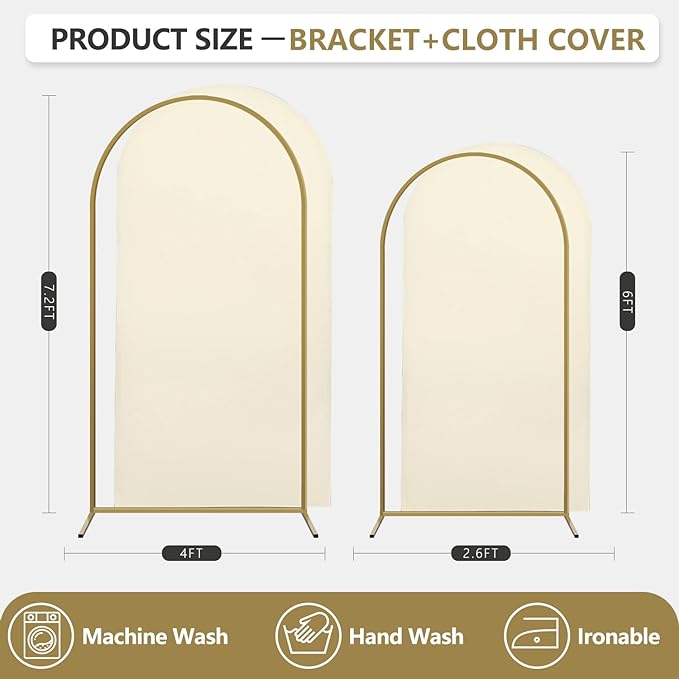 Arch Backdrop Stand and Cover Set, 2 Metal Balloon Arch Backdrop 7.2ft 6ft, Gold Arched Stand Frame for Wedding, Parties,Birthday, Backdrop Decorations (Beige,7.2ft+6ft)