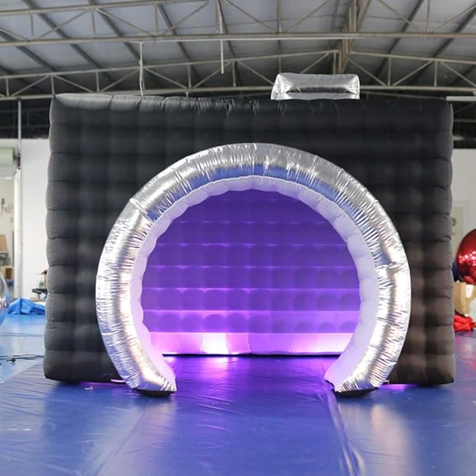 SAYOK Inflatable Photo Booth with Lights, Portable Camera Shaped Cube Tent with Blower, 11.5x9.2x8.2ft (Black&Silver Exterior/White Interior), Backdrop for Wedding Events, Parties, Exhibitions
