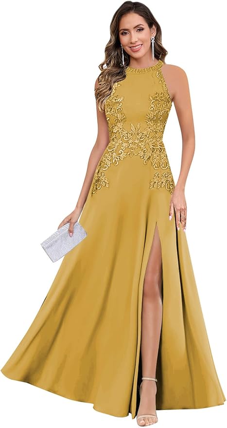 GUKARLEED Halter Lace Appliques Mother of The Bride Dresses for Women Long A-line Formal Wedding Guest Dress with Slit