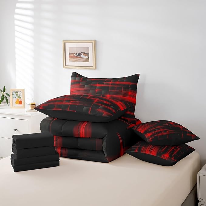 Feelyou Red Black Bedding Set Twin Size Boys Girls Geometric Strip Lines Comforter Set with Sheets 7 Piece for Bed in a Bag Abstract Modern Bed Set with Comforter,Sheets,Pillowcases