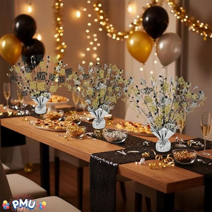 PMU 6Pc New Year's Eve Bursting Centerpiece for Table Decor, Table Balloon Weights| for Theme Party Decorations Supplies Silver |15in