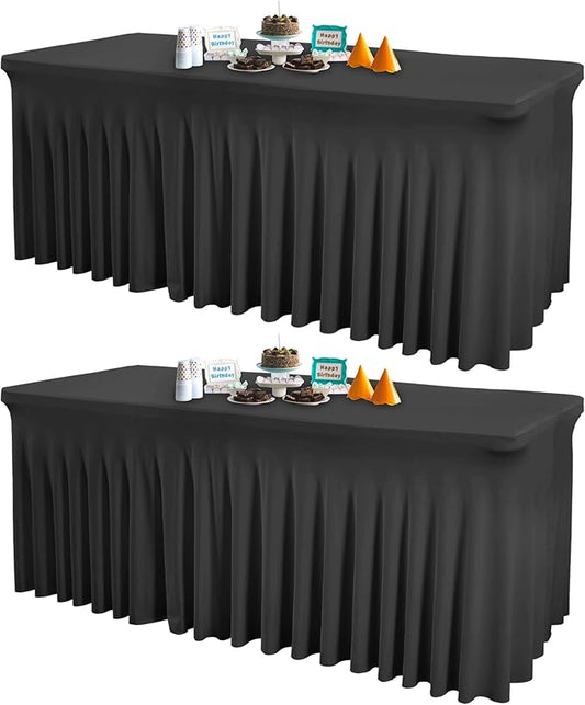 2 Packs Black Spandex Tableclothes for 6 Foot Rectangle Tables, Wrinkle Free 6ft Fitted Table Cover Stretch Table Cloth Desk Skirt for Weddings Baby Shower Birthday Party Banquet Decorations